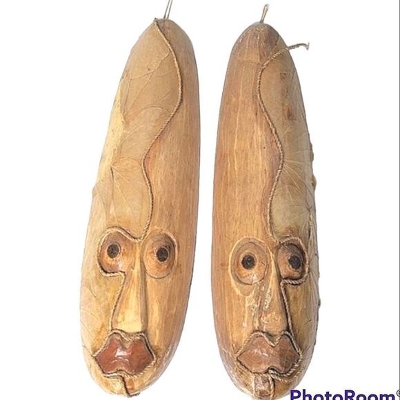 Wood Tribal Mask Wall Hanging Set Of 2 - Picture 1 of 8